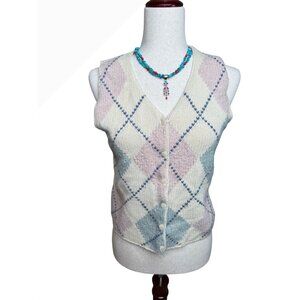 VTG 90 Limited Womens Argyle Sweater Vest S Ivory Pastel Lambswool blend preppy